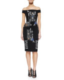 Off-The-Shoulder Arcade-Print Sheath Dress