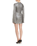 Hexagon-Jacquard Bell-Sleeve Dress, Metallic Gray