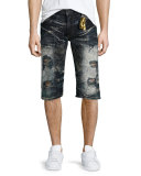 Distressed Slim-Fit Faded Denim Shorts, Black