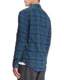 Frayed-Hem Plaid Western Shirt, Green/Blue