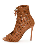 Marnie Woven Leather 105mm Bootie, Almond