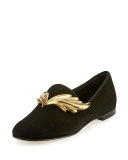 Dalila Wings Suede Smoking Slipper, Nero/Oro