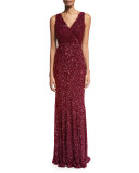 Xandra Hand-Embellished V-Neck Gown, Burgundy