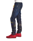 Five-Pocket Denim Jeans with Stamped-Detail, Blue