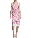 Sleeveless Floral Belted Sheath Dress, White/Pink