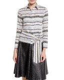 Zebra-Tile Belted Blouse, Black/White/Multi