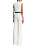Sleeveless Zip-Front Belted Jumpsuit, Frost