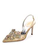Jeweled Lace & Snakeskin Slingback 75mm Pump, Gold