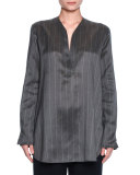 Striped V-Neck Silk Tunic, Gray