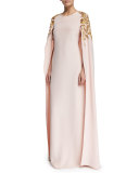 Floral Appliqué Caftan Gown, Soft Pink/Gold