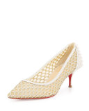 Guni Mesh Spike 55mm Red Sole Pump, Beige/White Ivory