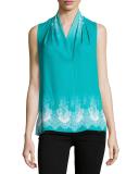 Livvy Sleeveless Lace-Print Silk Blouse, Multi