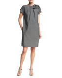 Cap-Sleeve Shift Dress w/Floral Applique, Gray