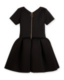 Short-Sleeve Pleated Fit-and-Flare Scuba Dress, Black, Size 4-6