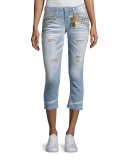 Marilyn Studded Destroyed Capri Jeans, Light Blue