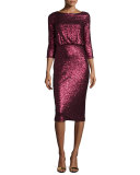 3/4-Sleeve Cowl-Back Sequined Dress