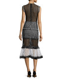 Mag Sleeveless Eyelet Mesh Midi Dress, Black/White