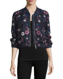 Folk Embellished Floral-Embroidery Bomber Jacket, Midnight Multi