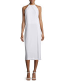 Sleeveless Draped Crepe Midi Dress, White
