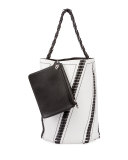 Hex Whipstitch Leather Large Bucket Bag, White/Black