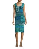 Sleeveless Lace Mosaic-Print Sheath Dress, Turquoise
