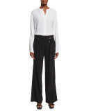 Pleated-Front Wrap-Belt Wool Pants, Black