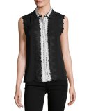 Odelia Sleeveless Lace-Trim Silk Blouse, Black