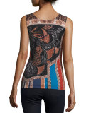 Folklore Printed Superfine Cashmere Tank, Cognac Multi