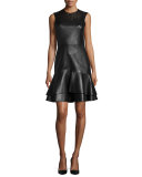 Sleeveless Leather Ruffle-Hem Dress, Black