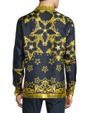 Baroque & Star Printed Long-Sleeve Silk Shirt, Navy