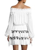Lou Pompom Off-the-Shoulder Mini Dress, White