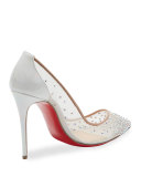 Follies Strass 100mm Red Sole Pump, White/Nude