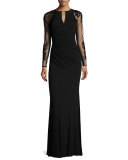 Sheer-Sleeve Jersey Column Gown, Black
