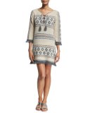 Ranu Tribal-Print Cashmere Sweater Dress, Ivory