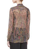 Paisley-Print Chiffon Blouse, Black/Multi