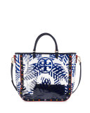 Marguerite Palm-Print PVC Tote Bag, Tory Navy