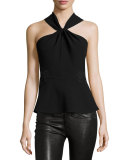 Crepe & Lace Twist-Front Top, Black