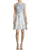 Metallic Combo Fit-&-Flare Cocktail Dress, Silver/Multi