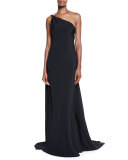 One-Shoulder Draped Strappy-Back Gown, Black