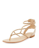 Crystal T-Strap Flat Sandal, Nude