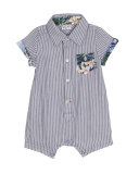 Short-Sleeve Striped Floral-Trim Playsuit, Gray, Size 0-9 Months