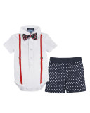 Short-Sleeve Polo Suspender Shirtzie w/ Star-Print Shorts, White, Size 3-24 Months
