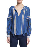 Raglan Embroidered Boho Blouse, French Blue