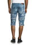 Destroyed Bleach-Splatter Denim Shorts, Blue
