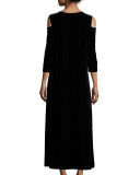 3/4-Sleeve Cold-Shoulder Velvet Maxi Dress, Black