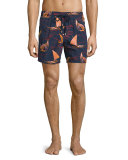 Mistral Embroidered Sailboat Swim Trunks, Red/Black