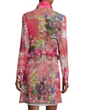Paisley Leaf-Print Silk Shirtdress Tunic, Red Multi