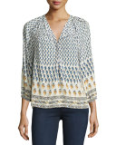 Sonoma 3/4-Sleeve Paisley Silk Top, Faded Sky