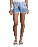 Shella Drawstring-Waist Embroidered Shorts, Ecru/Blue