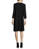 Jersey 3/4-Sleeve Jewel-Neck Dress, Black